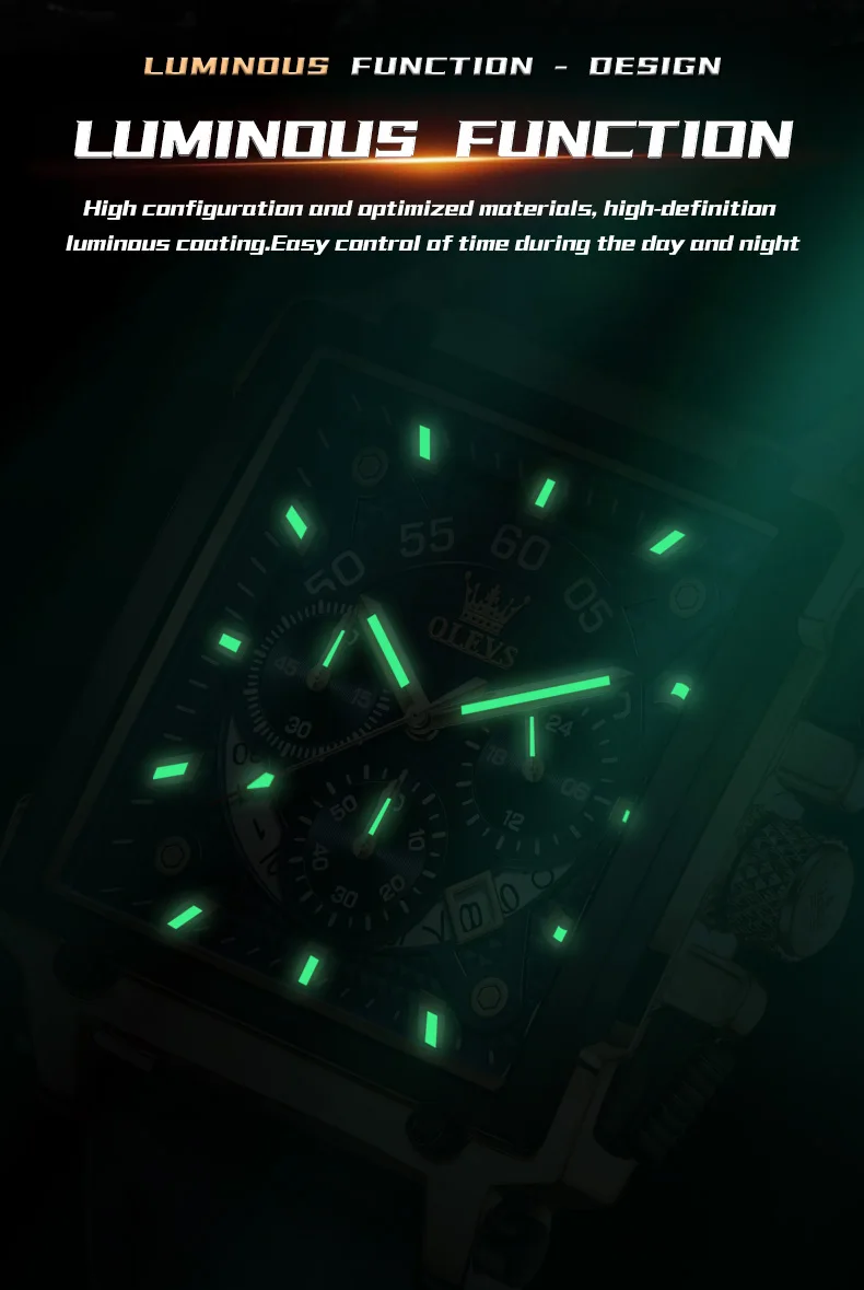 OLEVS Watches for Men Quartz Chronograph Leather Watch Date Waterproof Luminous Casual Square Fashion Business Wrist Watches