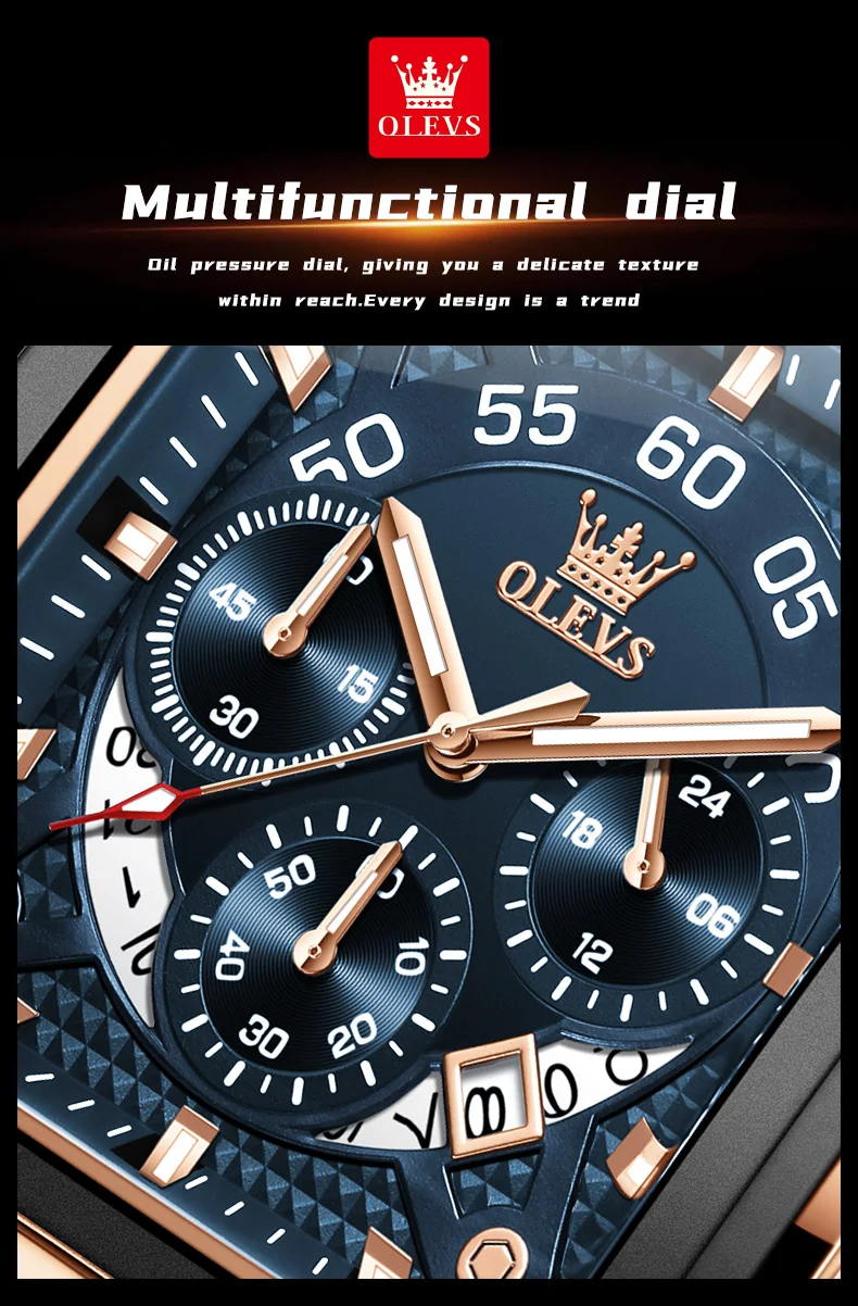 OLEVS Watches for Men Quartz Chronograph Leather Watch Date Waterproof Luminous Casual Square Fashion Business Wrist Watches