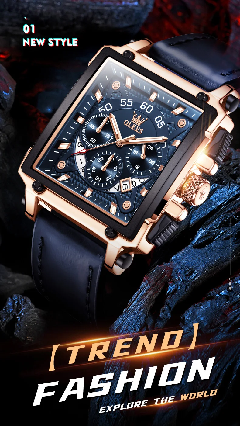 OLEVS Watches for Men Quartz Chronograph Leather Watch Date Waterproof Luminous Casual Square Fashion Business Wrist Watches