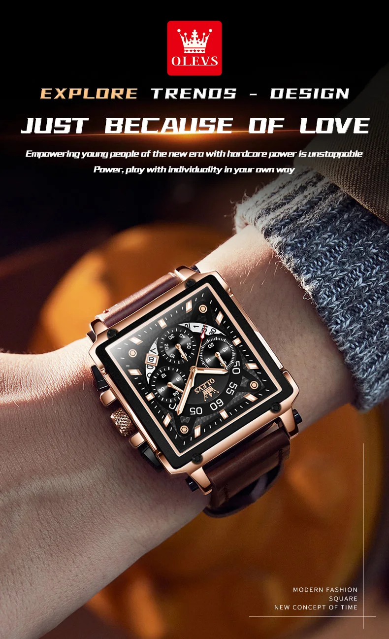 OLEVS Watches for Men Quartz Chronograph Leather Watch Date Waterproof Luminous Casual Square Fashion Business Wrist Watches