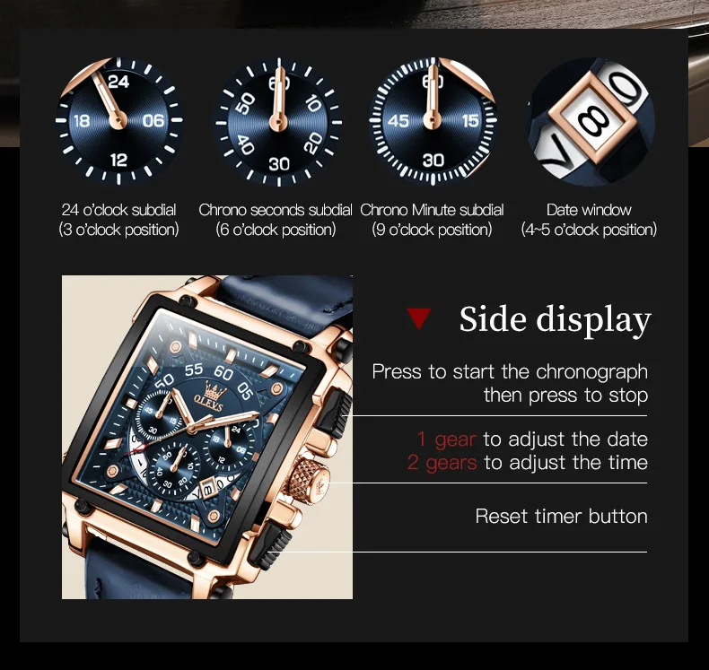 OLEVS Watches for Men Quartz Chronograph Leather Watch Date Waterproof Luminous Casual Square Fashion Business Wrist Watches