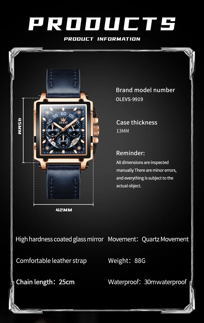 OLEVS Watches for Men Quartz Chronograph Leather Watch Date Waterproof Luminous Casual Square Fashion Business Wrist Watches
