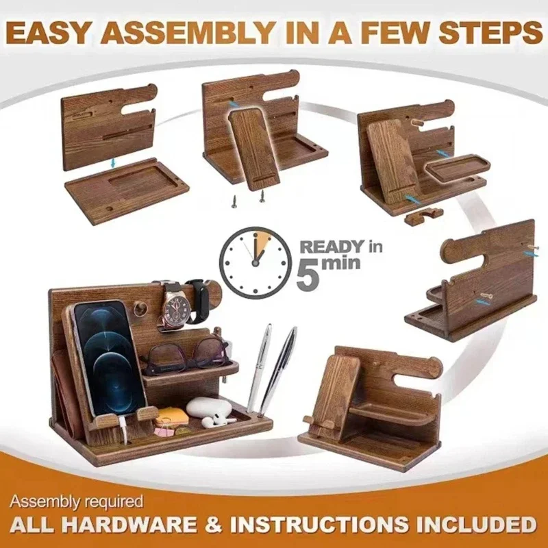 Wooden Bedside Wood Phone Docking Station Holder Wallet Stand Watch Storage Rack Multifunctional Desktop Jewelry Packaging