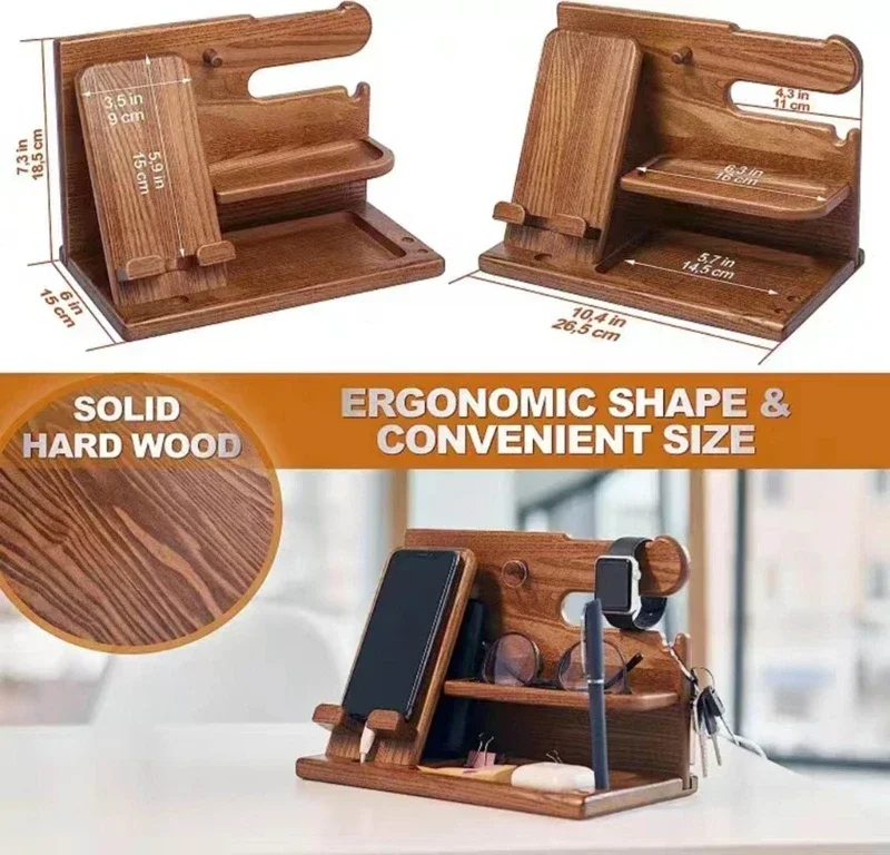 Wooden Bedside Wood Phone Docking Station Holder Wallet Stand Watch Storage Rack Multifunctional Desktop Jewelry Packaging