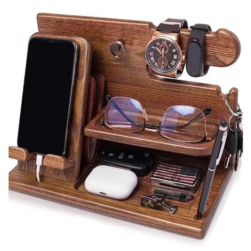 Wooden Bedside Wood Phone Docking Station Holder Wallet Stand Watch Storage Rack Multifunctional Desktop Jewelry Packaging