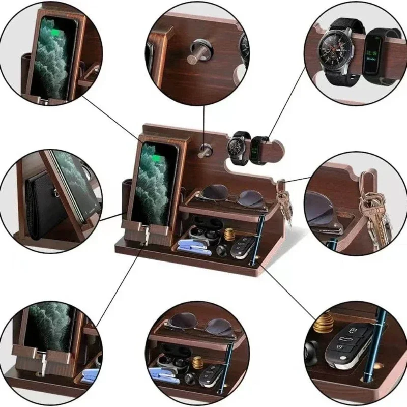 Wooden Bedside Wood Phone Docking Station Holder Wallet Stand Watch Storage Rack Multifunctional Desktop Jewelry Packaging
