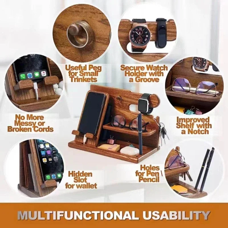 Wooden Bedside Wood Phone Docking Station Holder Wallet Stand Watch Storage Rack Multifunctional Desktop Jewelry Packaging