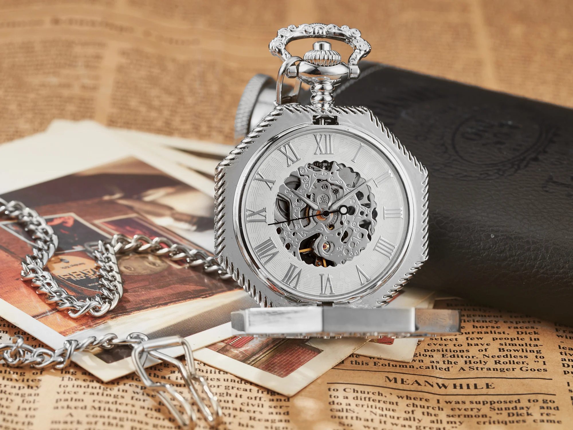 Ramadan Classic Hexagonal Mechanical Pocket Watch FOB Chain Steampunk Roman Dial Skeleton Gold Hollow Steel Men's Pocket Watch