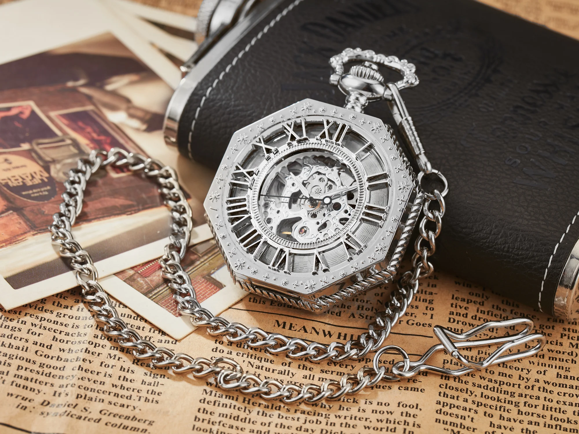 Ramadan Classic Hexagonal Mechanical Pocket Watch FOB Chain Steampunk Roman Dial Skeleton Gold Hollow Steel Men's Pocket Watch