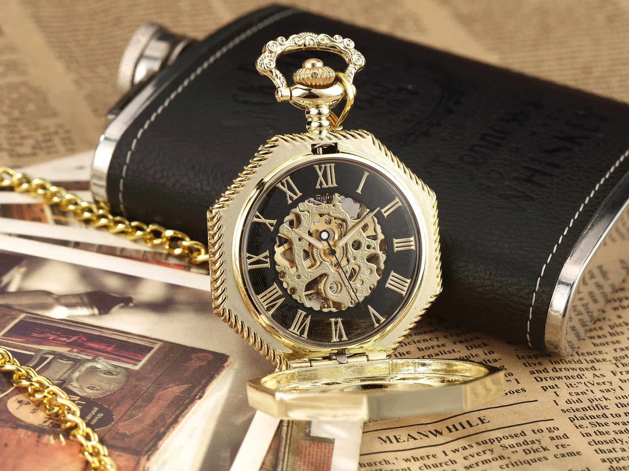 Ramadan Classic Hexagonal Mechanical Pocket Watch FOB Chain Steampunk Roman Dial Skeleton Gold Hollow Steel Men's Pocket Watch