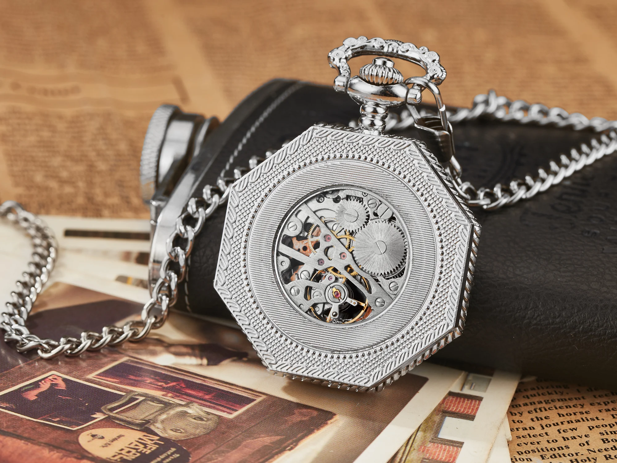 Ramadan Classic Hexagonal Mechanical Pocket Watch FOB Chain Steampunk Roman Dial Skeleton Gold Hollow Steel Men's Pocket Watch