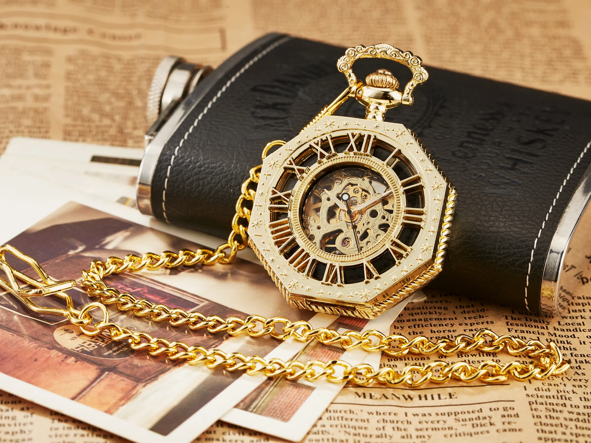 Ramadan Classic Hexagonal Mechanical Pocket Watch FOB Chain Steampunk Roman Dial Skeleton Gold Hollow Steel Men's Pocket Watch