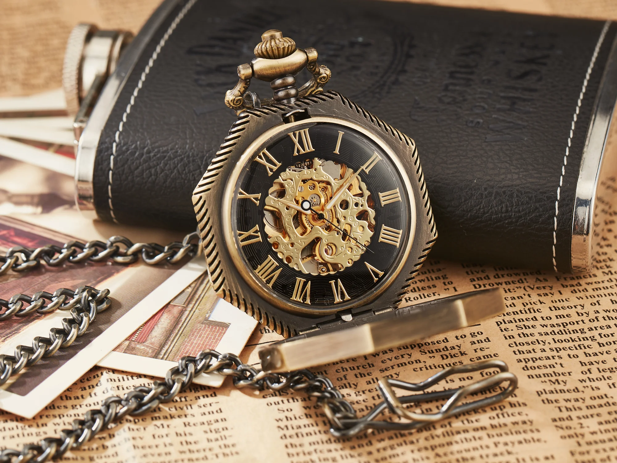 Ramadan Classic Hexagonal Mechanical Pocket Watch FOB Chain Steampunk Roman Dial Skeleton Gold Hollow Steel Men's Pocket Watch