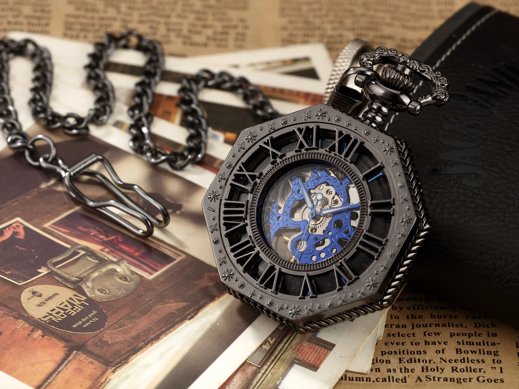 Ramadan Classic Hexagonal Mechanical Pocket Watch FOB Chain Steampunk Roman Dial Skeleton Gold Hollow Steel Men's Pocket Watch