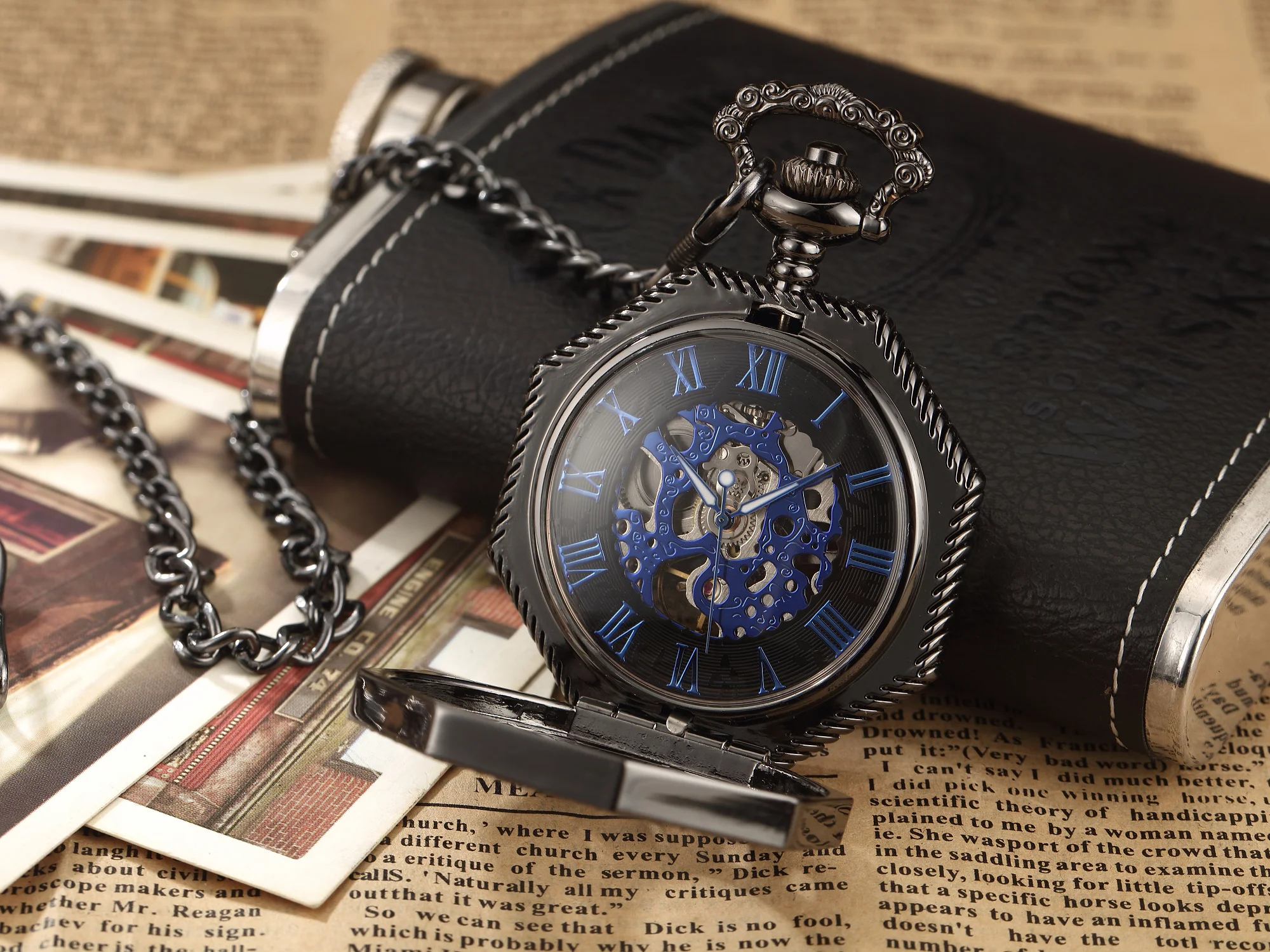 Ramadan Classic Hexagonal Mechanical Pocket Watch FOB Chain Steampunk Roman Dial Skeleton Gold Hollow Steel Men's Pocket Watch