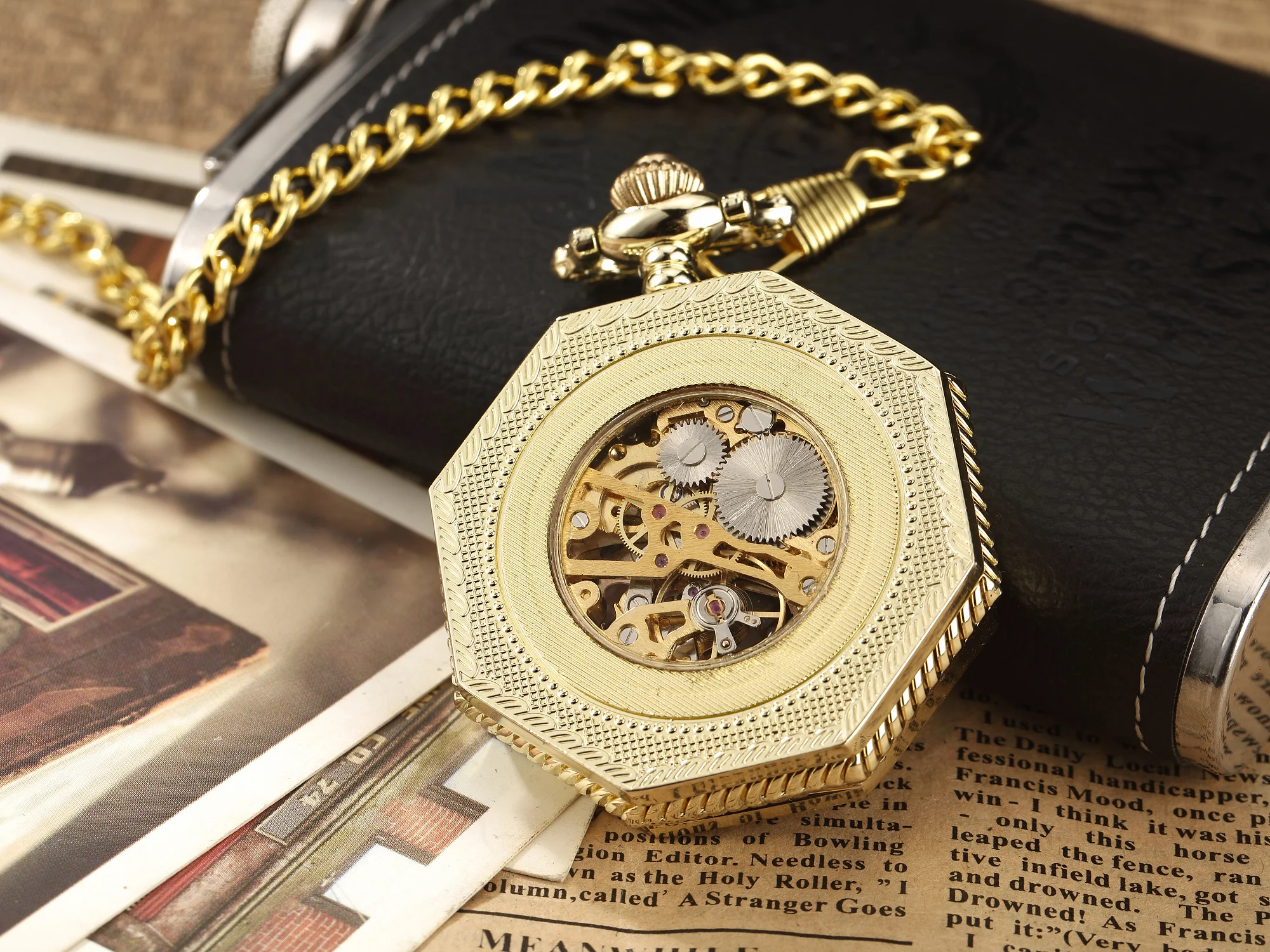 Ramadan Classic Hexagonal Mechanical Pocket Watch FOB Chain Steampunk Roman Dial Skeleton Gold Hollow Steel Men's Pocket Watch