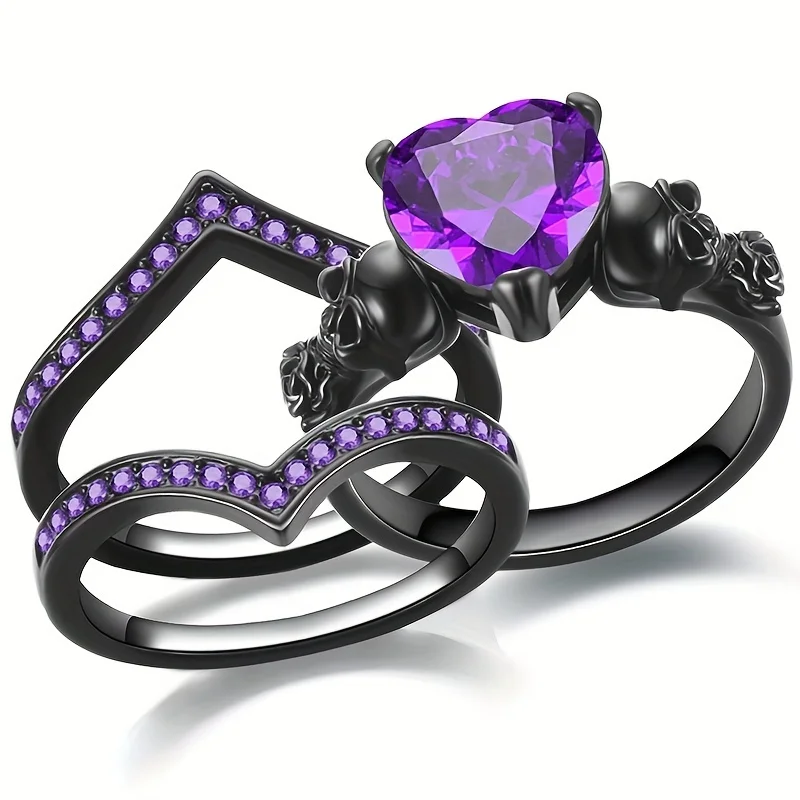 Gothic Style Rings Plated Inlaid Heart Shape Zircon Horror Skull On The Band Black / Red / Purple Just Pick One Halloween Decor