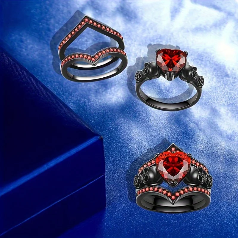 Gothic Style Rings Plated Inlaid Heart Shape Zircon Horror Skull On The Band Black / Red / Purple Just Pick One Halloween Decor
