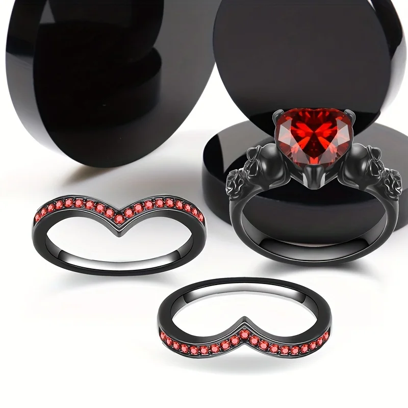 Gothic Style Rings Plated Inlaid Heart Shape Zircon Horror Skull On The Band Black / Red / Purple Just Pick One Halloween Decor