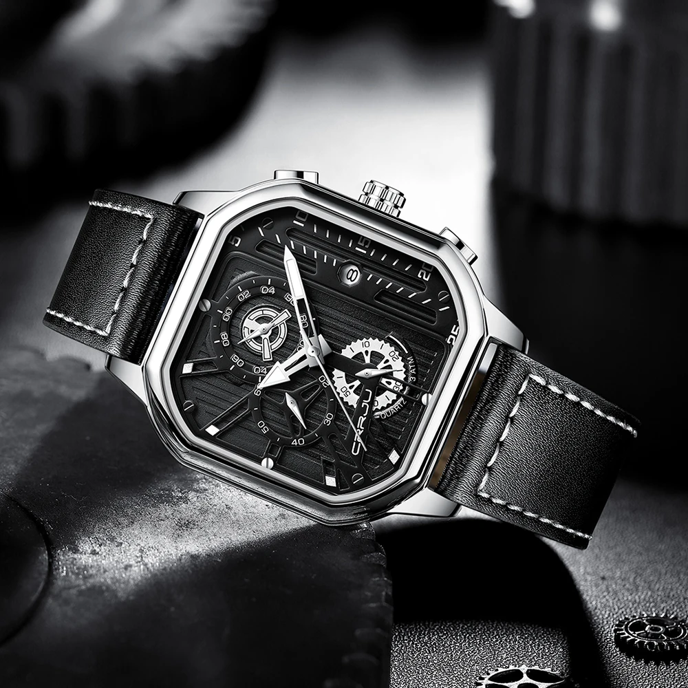 CRRJU Men Watch Top Brand Luxury Military Leather Square Clock Quartz Business Sport Wristwatch Relogio Masculino