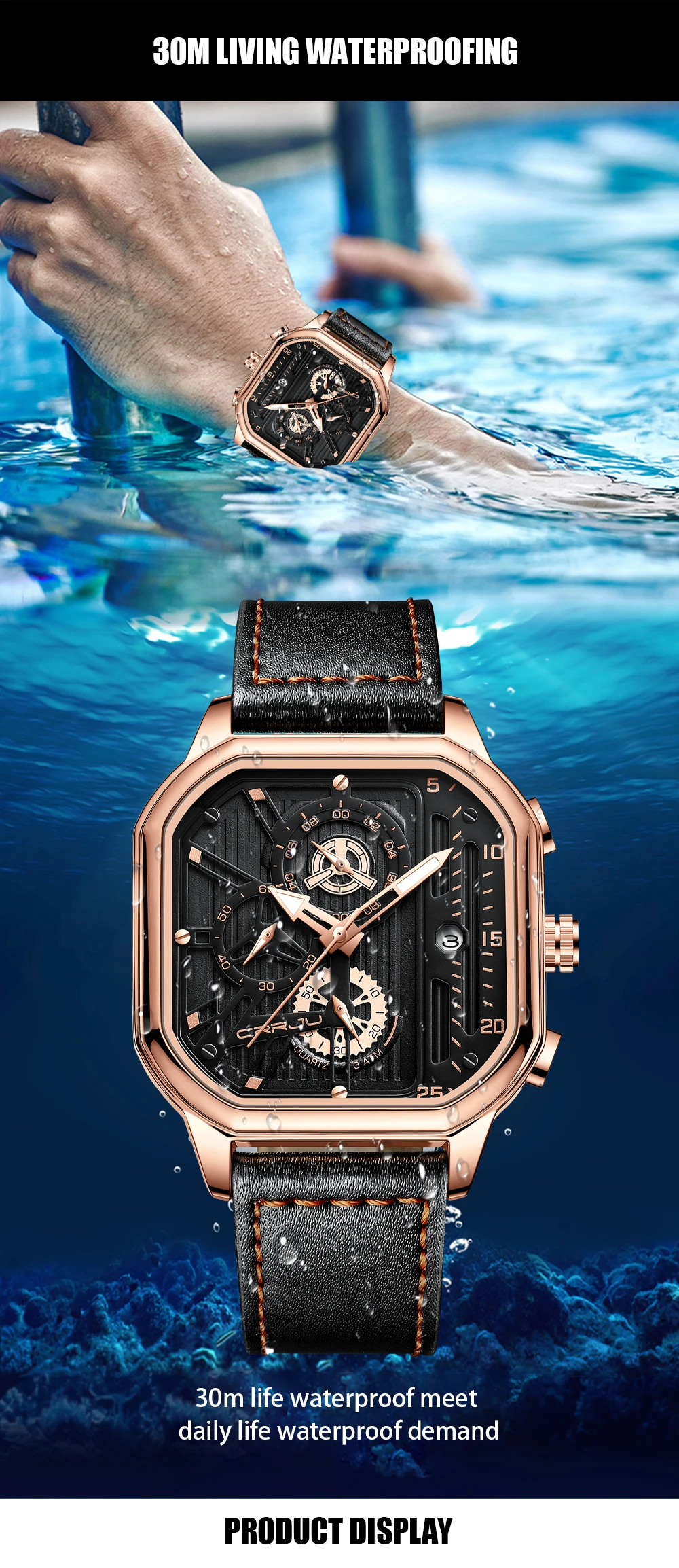 CRRJU Men Watch Top Brand Luxury Military Leather Square Clock Quartz Business Sport Wristwatch Relogio Masculino