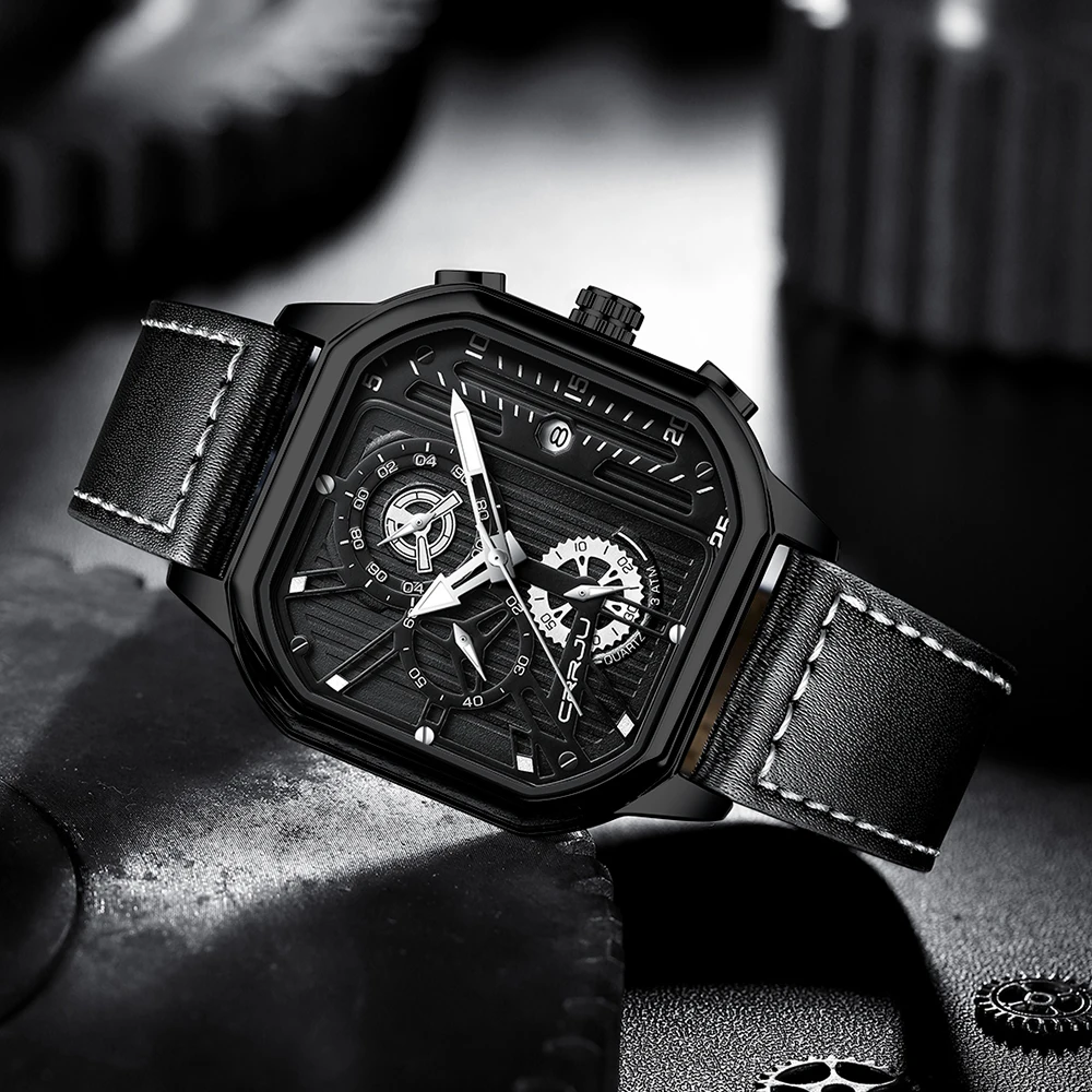 CRRJU Men Watch Top Brand Luxury Military Leather Square Clock Quartz Business Sport Wristwatch Relogio Masculino