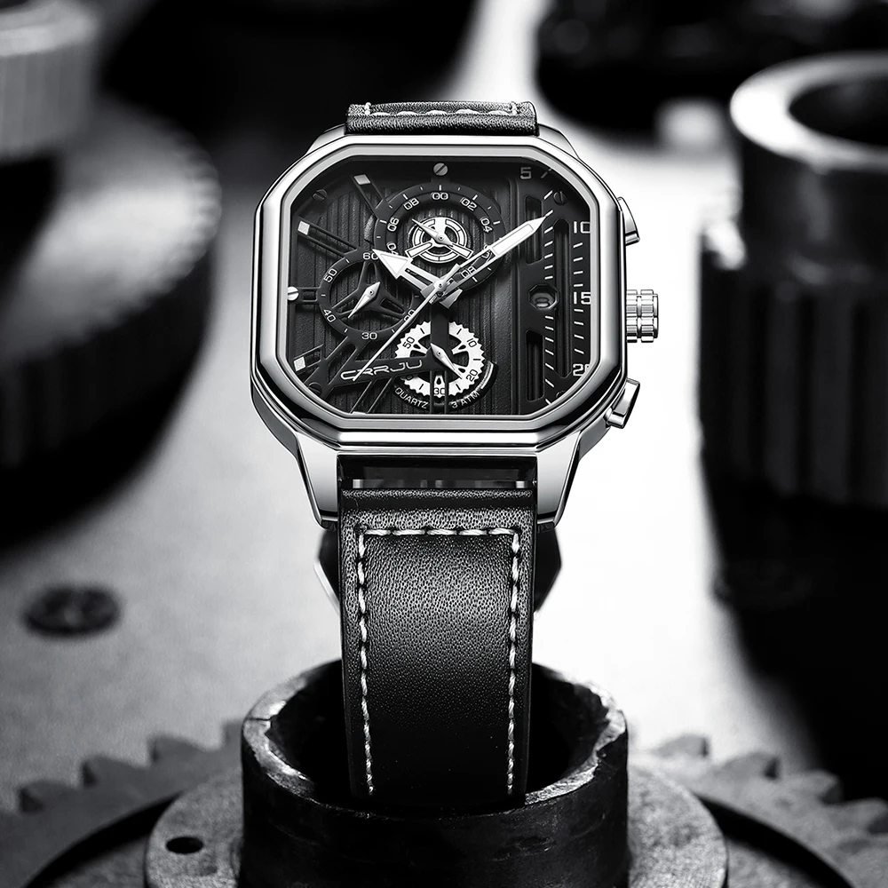 CRRJU Men Watch Top Brand Luxury Military Leather Square Clock Quartz Business Sport Wristwatch Relogio Masculino