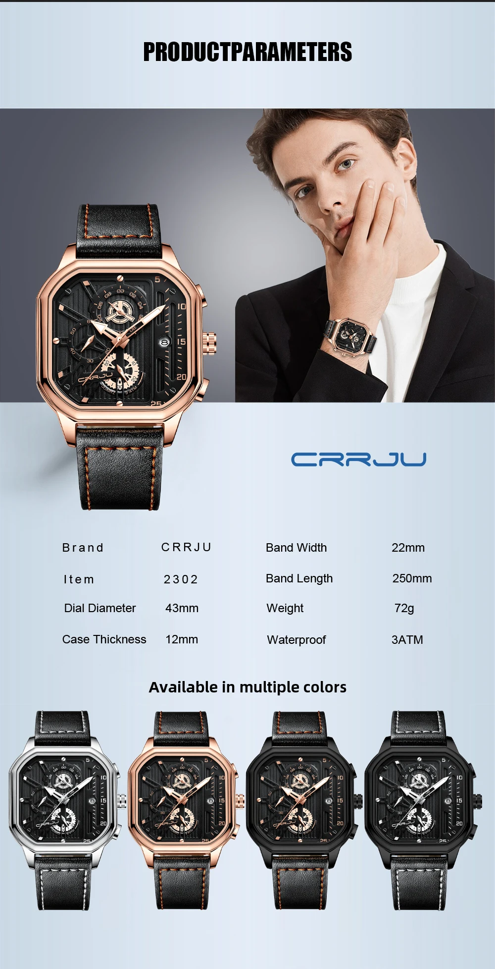 CRRJU Men Watch Top Brand Luxury Military Leather Square Clock Quartz Business Sport Wristwatch Relogio Masculino