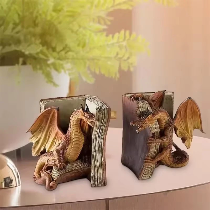 1Pair Resin Dragon Sculpture Bookend Art Crafts Desktop Book Stopper Accessories For Study Room Home Office Ornament Cute Gift