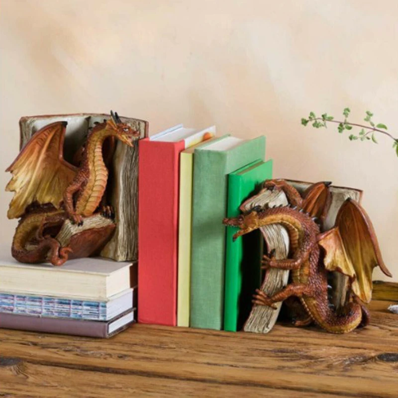 1Pair Resin Dragon Sculpture Bookend Art Crafts Desktop Book Stopper Accessories For Study Room Home Office Ornament Cute Gift