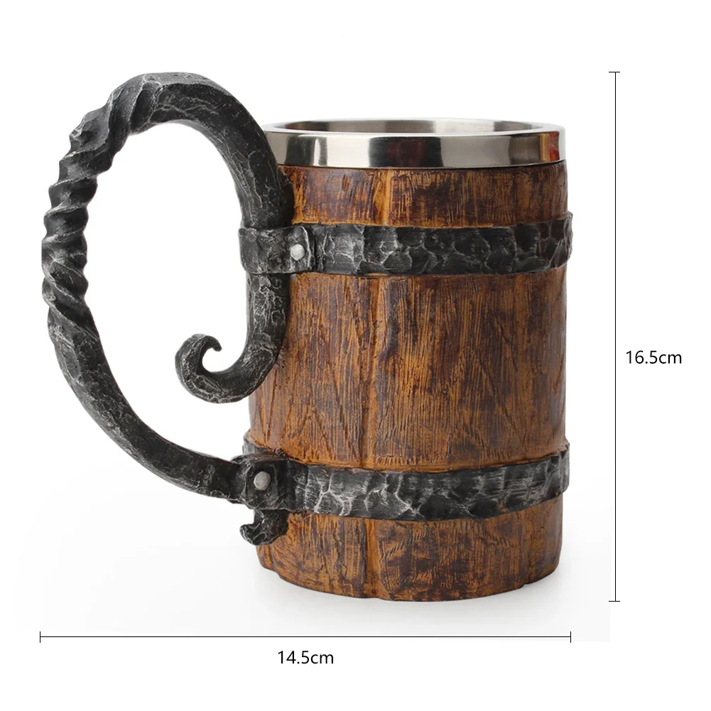 Viking Wood Style Beer Mug Simulation Wooden Barrel Beer Cup Double Wall Drinking Mug Metal Insulated 1PCS Bar Drinking кружка