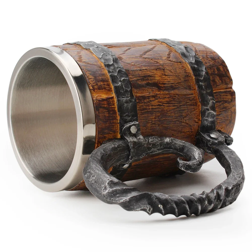 Viking Wood Style Beer Mug Simulation Wooden Barrel Beer Cup Double Wall Drinking Mug Metal Insulated 1PCS Bar Drinking кружка