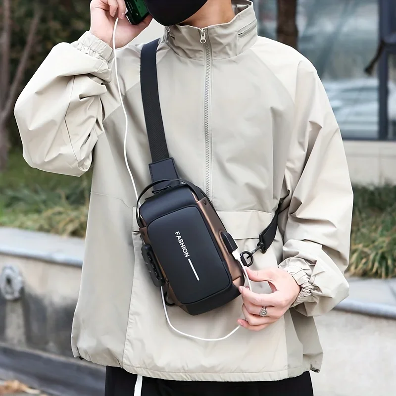 Durable Oxford Fabric Men's Sling Bag - Stylish Motorcycle Crossbody Chest Pack with Phone Pocket, Zip Closure for Daily Commute