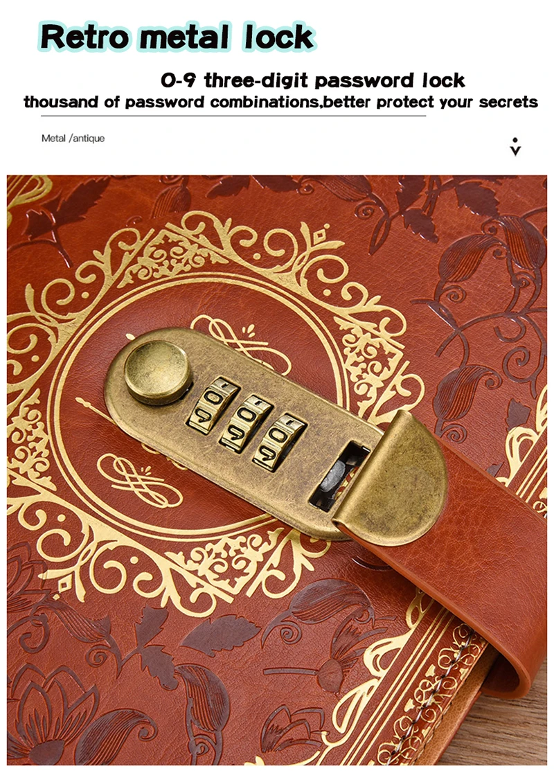 Retro Digital Password Notebook Journal With Lock A5,Diary Perfect for Men and Women-PU Leather Combination Lock Persons Privacy