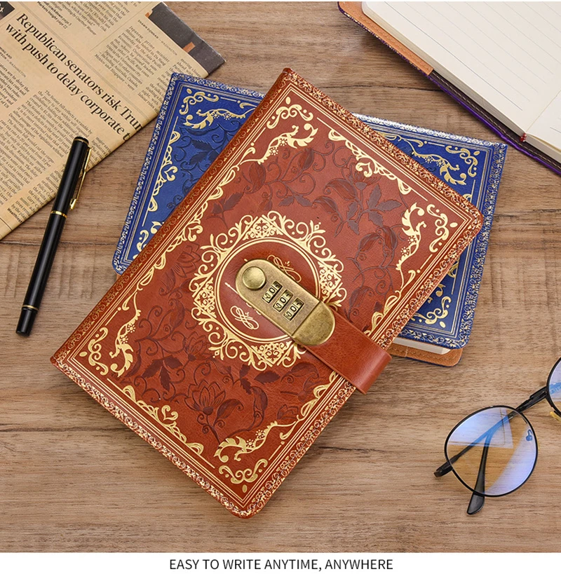Retro Digital Password Notebook Journal With Lock A5,Diary Perfect for Men and Women-PU Leather Combination Lock Persons Privacy