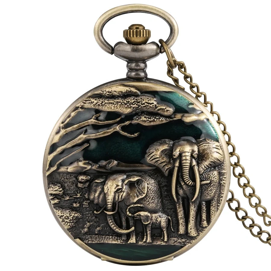 New Elephant Vivid Engraving Vintage Bronze Arabic Literal Quartz Large Pocket Watch Sweater Chain Men Women Pendant Clock Gift