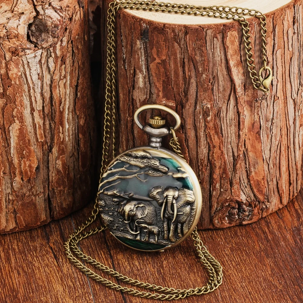New Elephant Vivid Engraving Vintage Bronze Arabic Literal Quartz Large Pocket Watch Sweater Chain Men Women Pendant Clock Gift