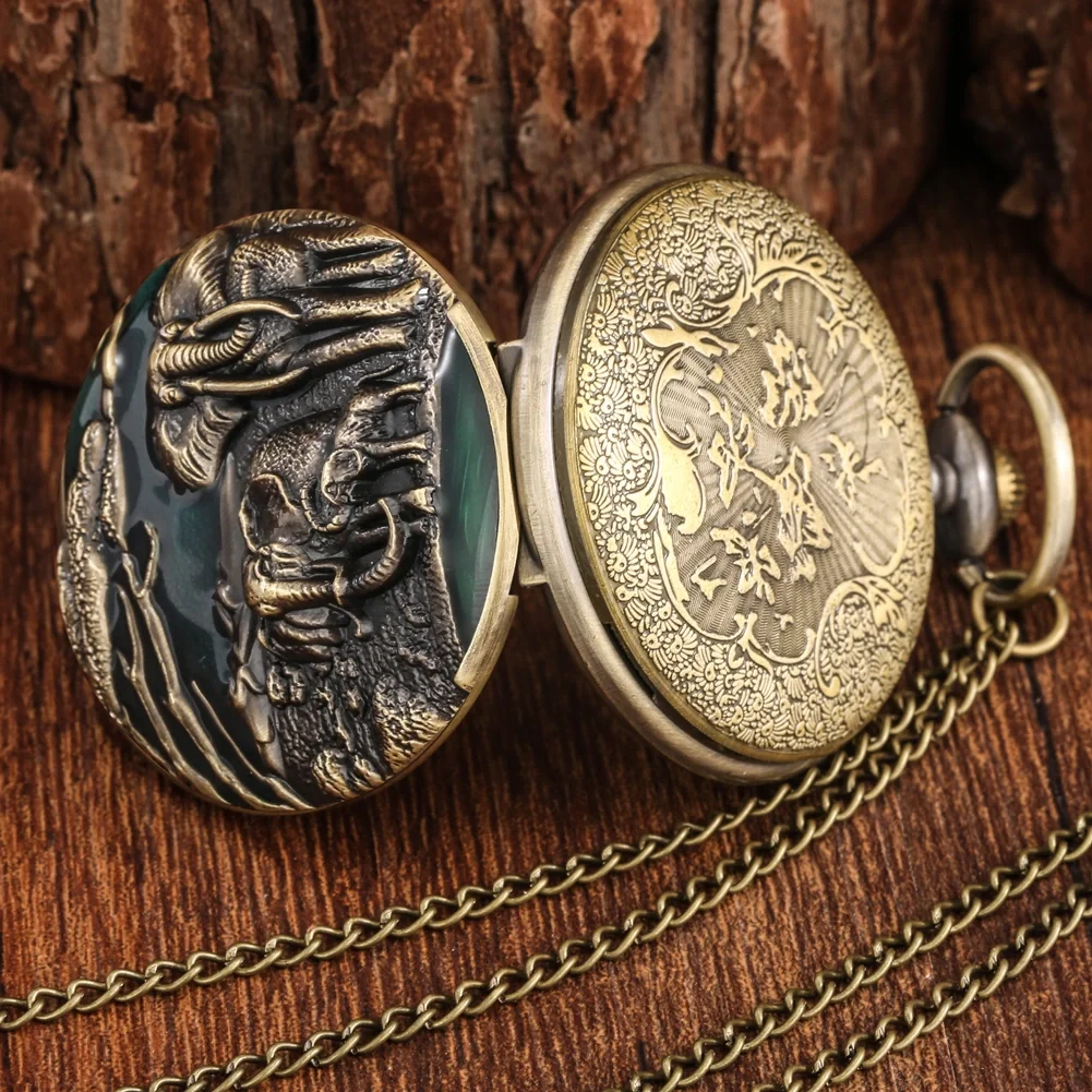 New Elephant Vivid Engraving Vintage Bronze Arabic Literal Quartz Large Pocket Watch Sweater Chain Men Women Pendant Clock Gift