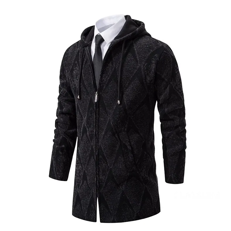 Men Hooded Long Cardigans Sweatercoats Winter Fleece Warm Cardigans Sweaters New Fashion Male Black Outwear Casual Sweaters  4X