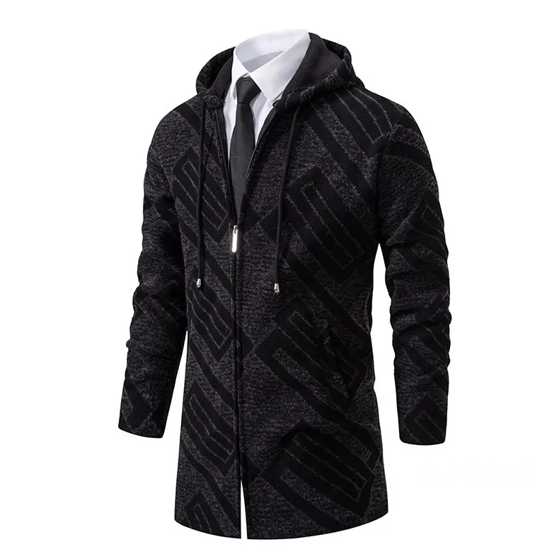 Men Hooded Long Cardigans Sweatercoats Winter Fleece Warm Cardigans Sweaters New Fashion Male Black Outwear Casual Sweaters  4X