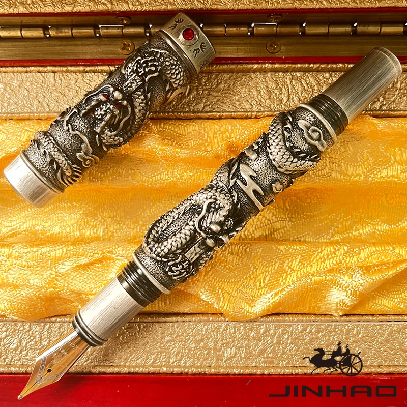 1 PCS JINHAO Ancient Silver Dragon Phoenix Chinese Style Embossed Relief Metal Fountain Pen