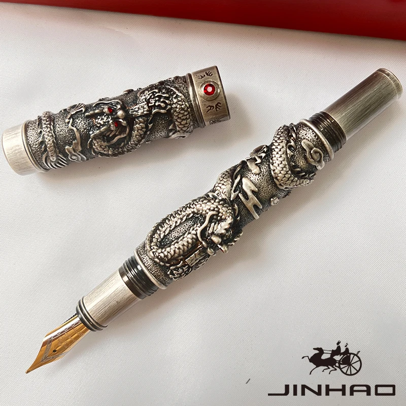 1 PCS JINHAO Ancient Silver Dragon Phoenix Chinese Style Embossed Relief Metal Fountain Pen