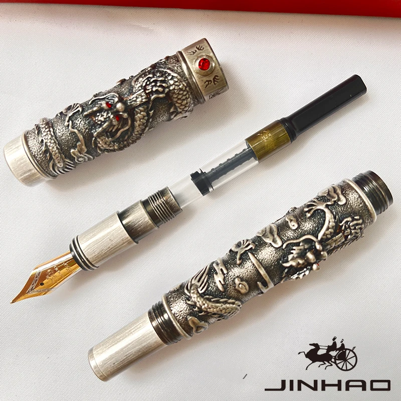 1 PCS JINHAO Ancient Silver Dragon Phoenix Chinese Style Embossed Relief Metal Fountain Pen