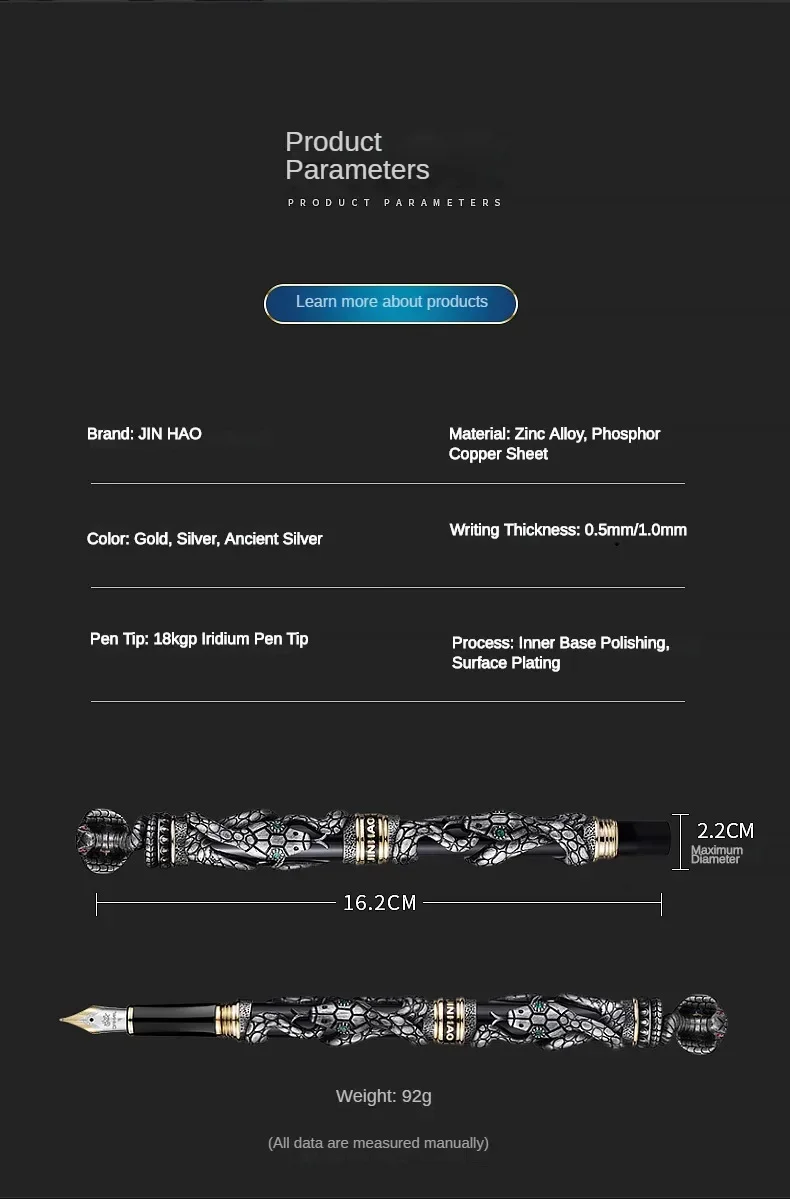 Jinhao Golden Metal Snake Fountain Pen F/1.0mm Nib Luxury Elegant Cobra Metal Writing ink Pen Stationery Office