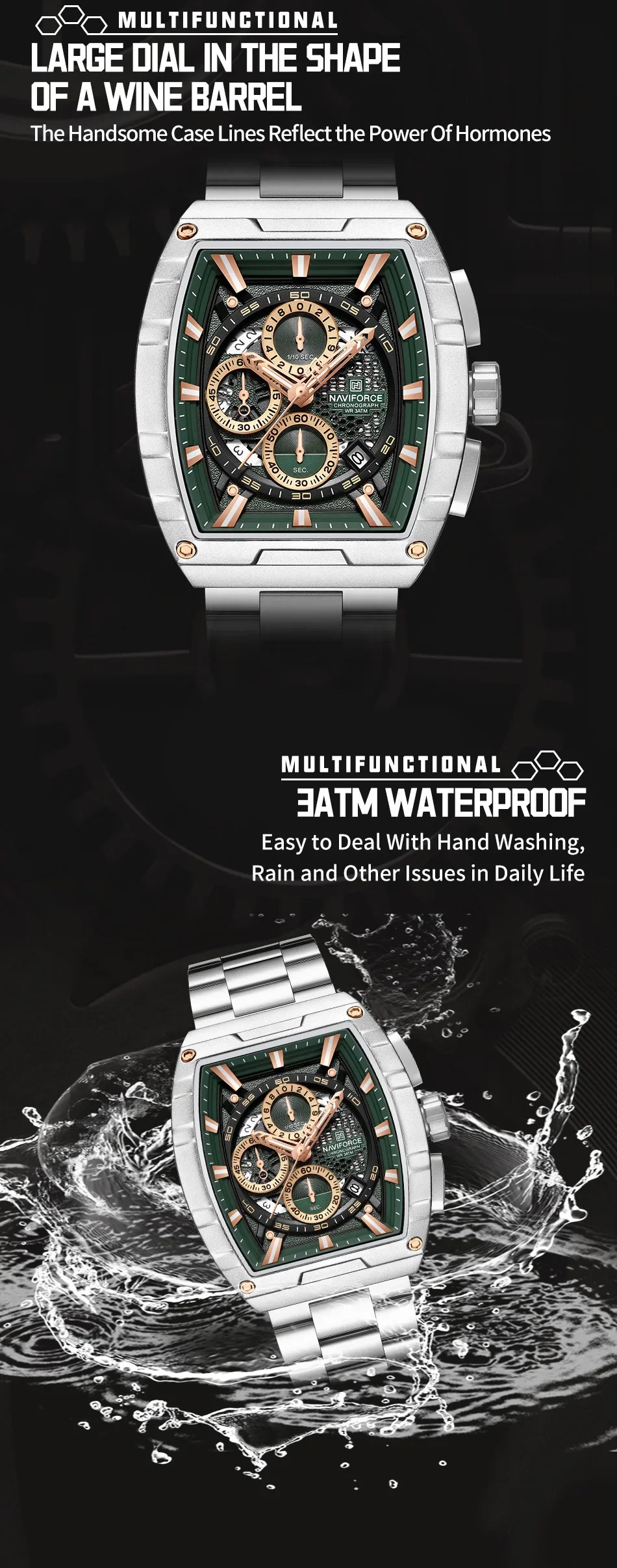 NAVIFORCE Top Brand Men's Watches Luxury Tonneau Quartz Wristwatch Waterproof Chronograph Watch for Men 2025 Auto Date Clock