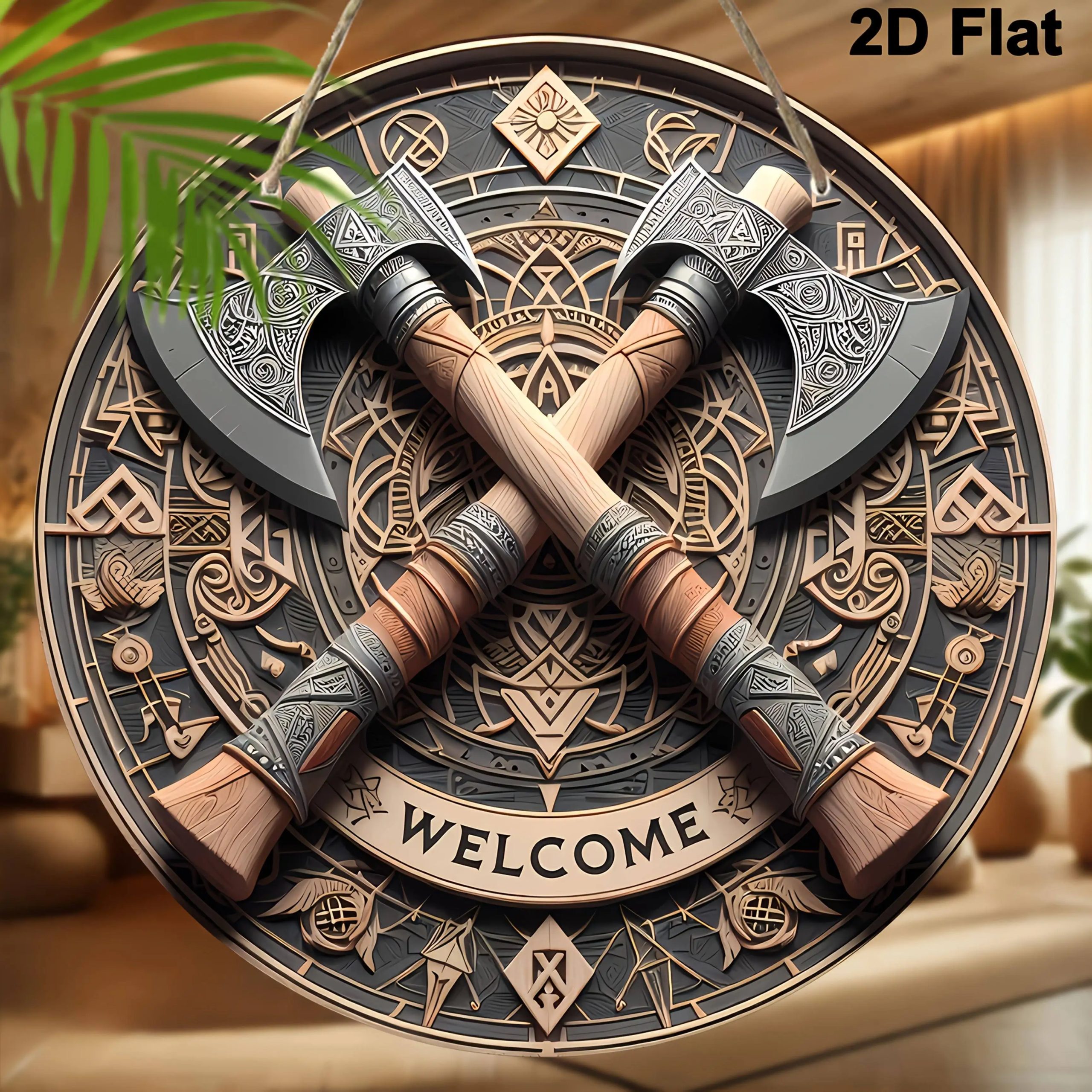 Viking Axes Welcome Sign - Aluminum Wall Art with Intricate Norse Design,Wall-Mounted Decor for Home