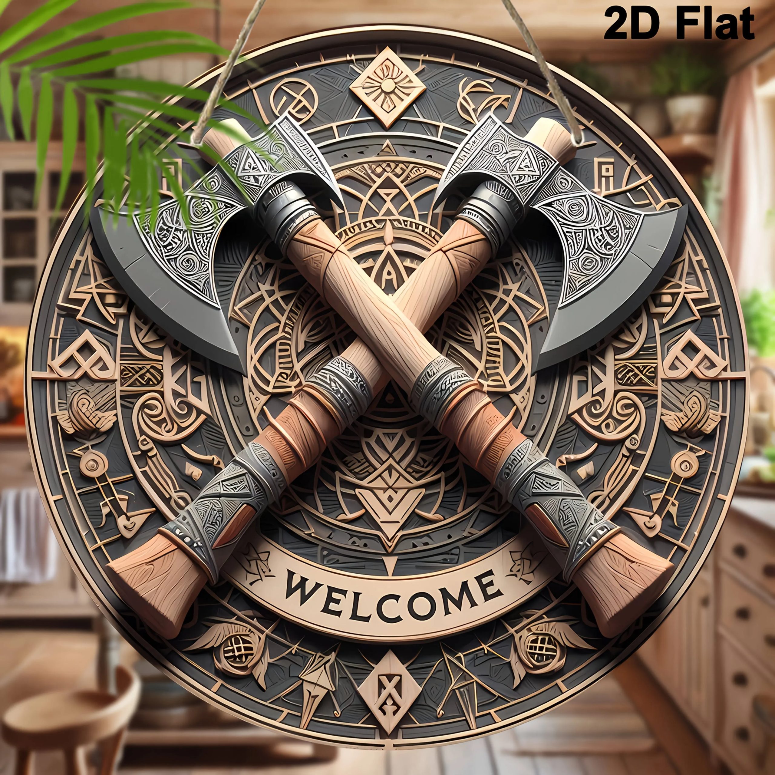 Viking Axes Welcome Sign - Aluminum Wall Art with Intricate Norse Design,Wall-Mounted Decor for Home