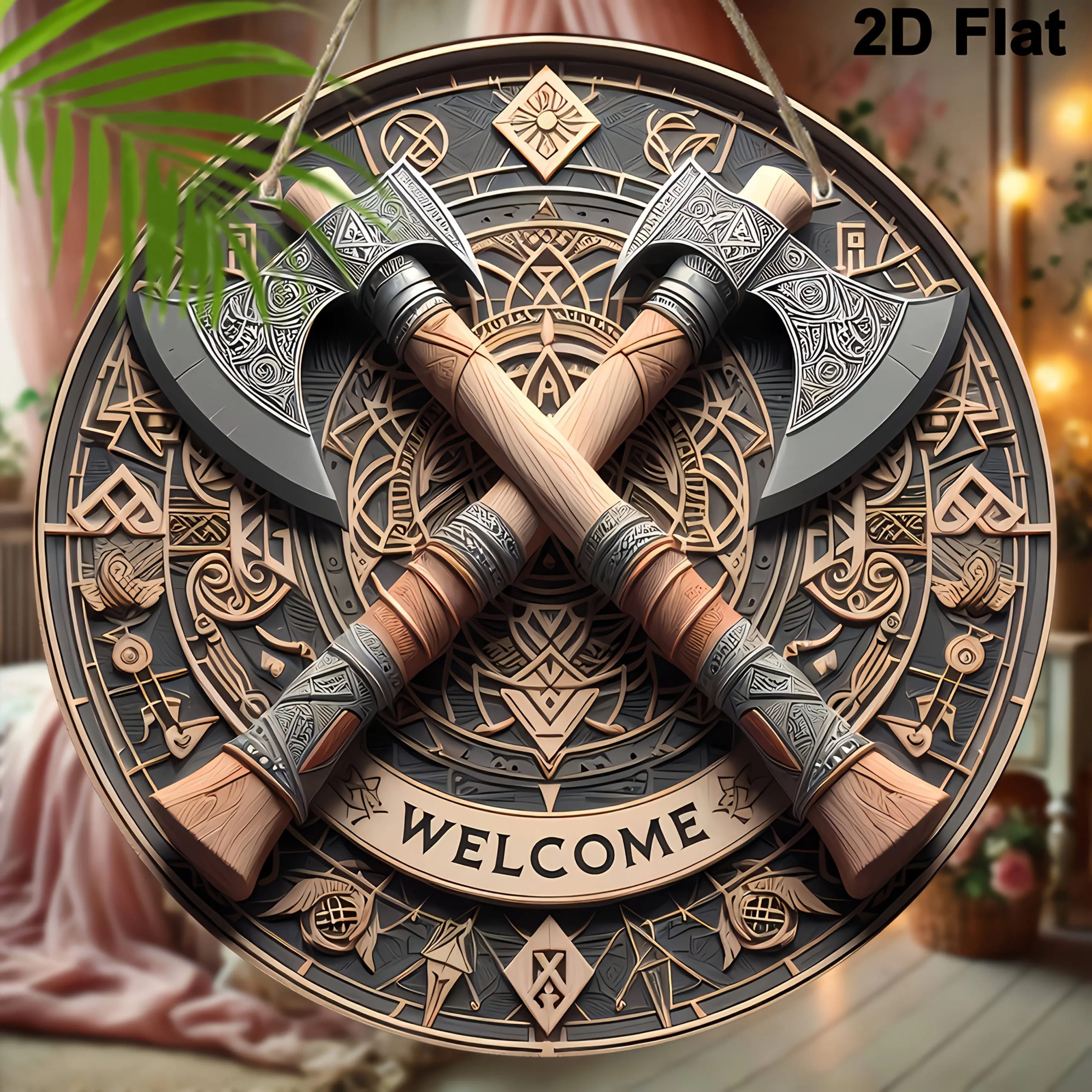 Viking Axes Welcome Sign - Aluminum Wall Art with Intricate Norse Design,Wall-Mounted Decor for Home