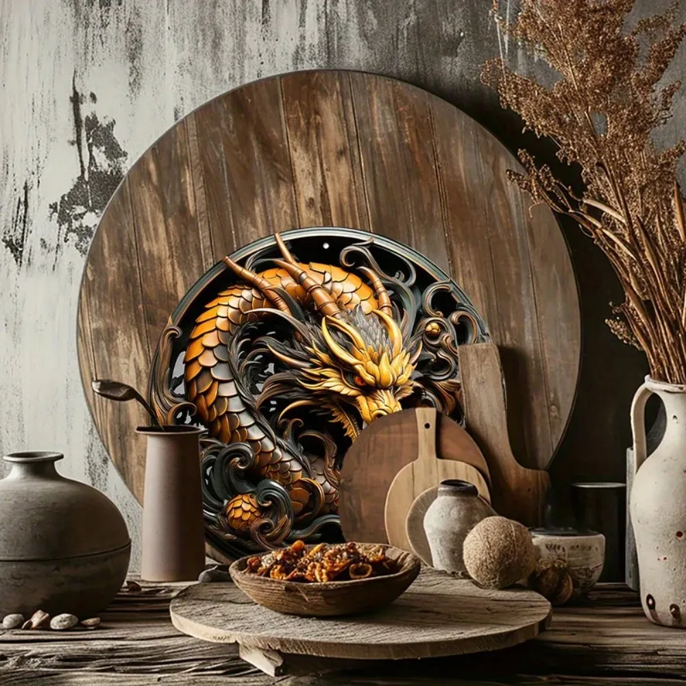 Round Aluminum Metal Sign,Creative Dragon Pattern Wall Art Metal Sign,Home And Office Decor, garage wall decor room decoration