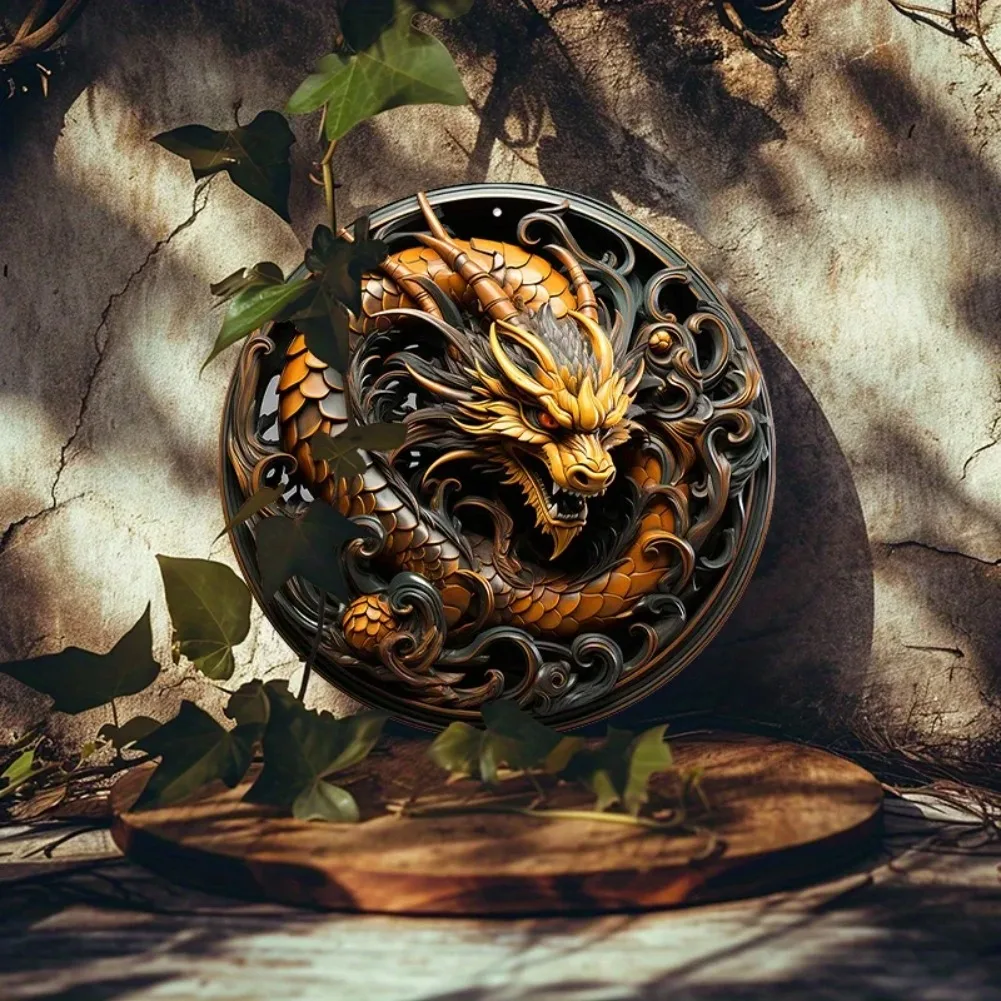 Round Aluminum Metal Sign,Creative Dragon Pattern Wall Art Metal Sign,Home And Office Decor, garage wall decor room decoration